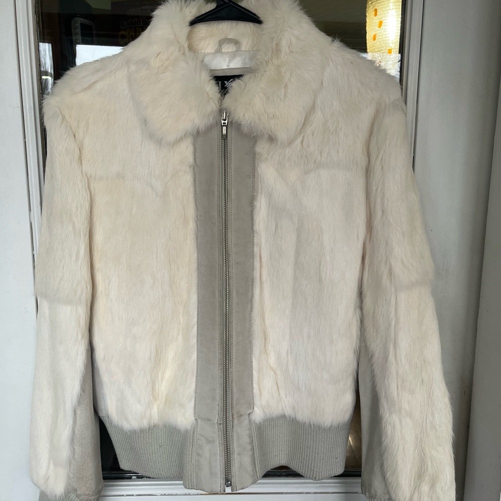 Mixit Vintage sz L cream/ taupe Y2K Real Rabbit Fur & Leather Bomber Jacket